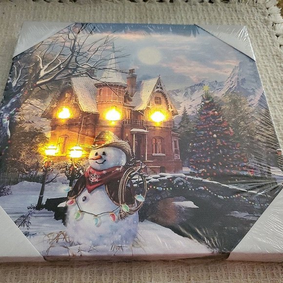 Winter Scene Canvas Picture ~ Lighted House with Snowman ~ Winter Holiday - Picture 4 of 4